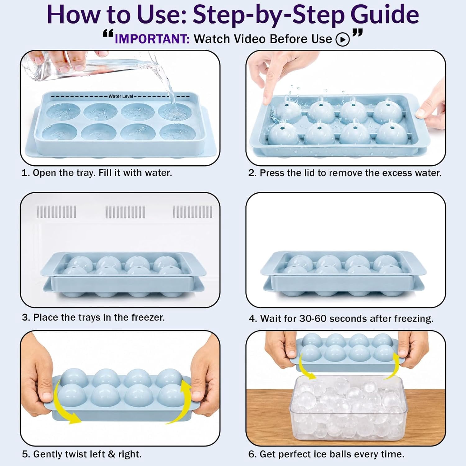 1.8in Large Ice Cube Molds - Big Round Whiskey Plastic Ice Trays for Freezer with Bucket, Scoop, Tongs, 2 Straws - Easy to Fill & Release, Bourbon Cocktail (3 pack, 8 Balls)
