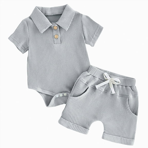 Xudanell Baby Boy Summer Outfits Solid Color Preemie Boy Clothes Top Drawstring Shorts Infant Everyday 2 Piece Sets Knitted Blue 6-12 Months