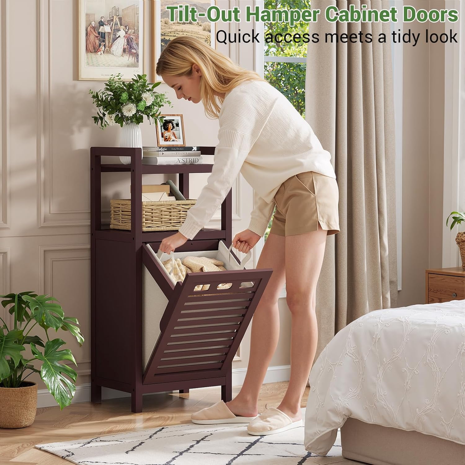 Tilt-Out Laundry Hamper Cabinet, 10 Gal Bamboo with Removable Basket and Shelf, Espresso