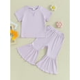 thumbnail image 3 of Musuos Toddler Girl Summer Outfits 1-5T Short Sleeve Ribbed Knit Tops T-Shirts Solid Color Elastic Waist Flare Pants 2Pcs Clothes Set, 3 of 10