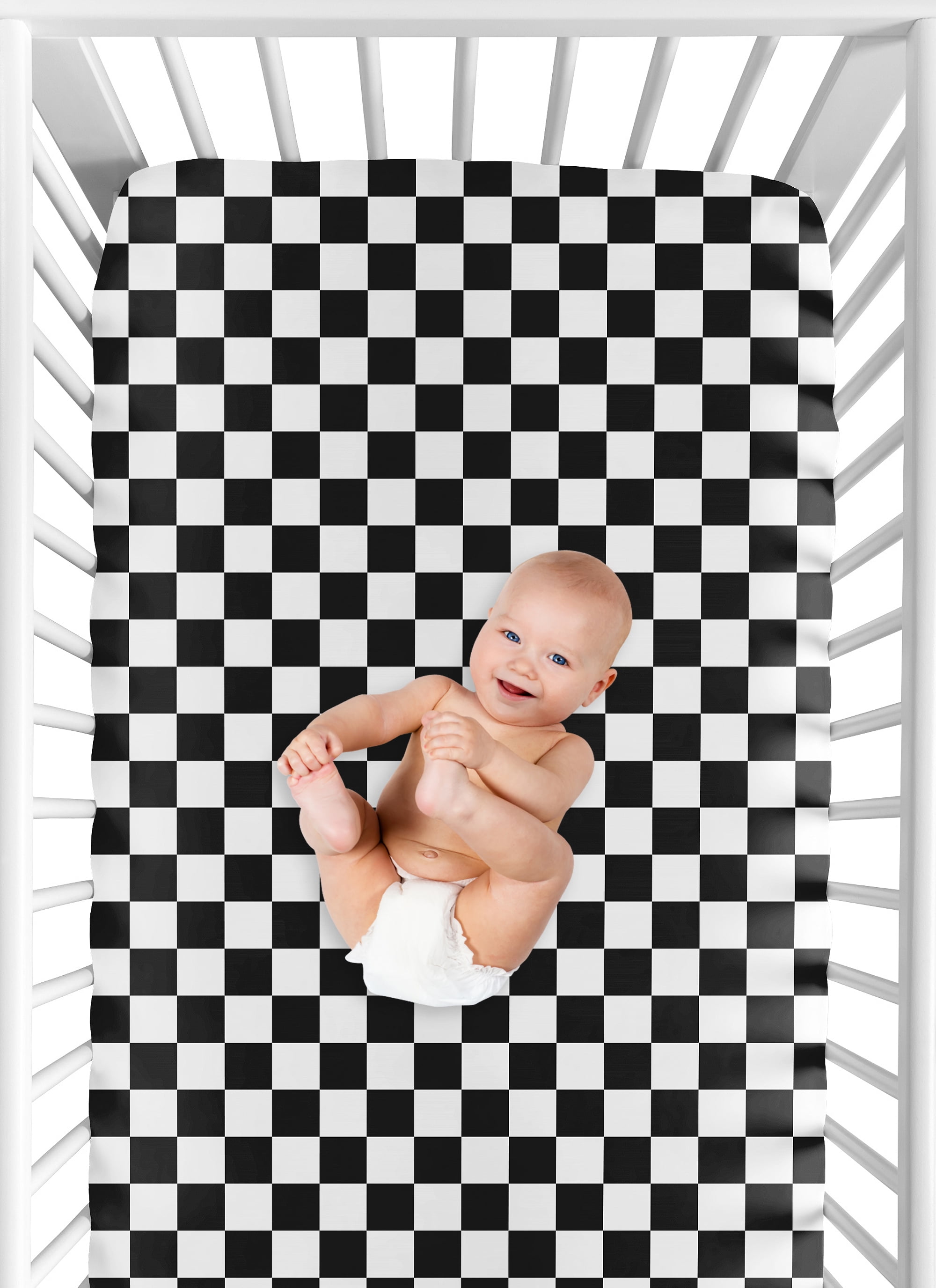 Sweet Jojo Designs Gingham Checkered Plaid Black and White Boy, Girl, Unisex/Gender Neutral Fitted Crib Sheet