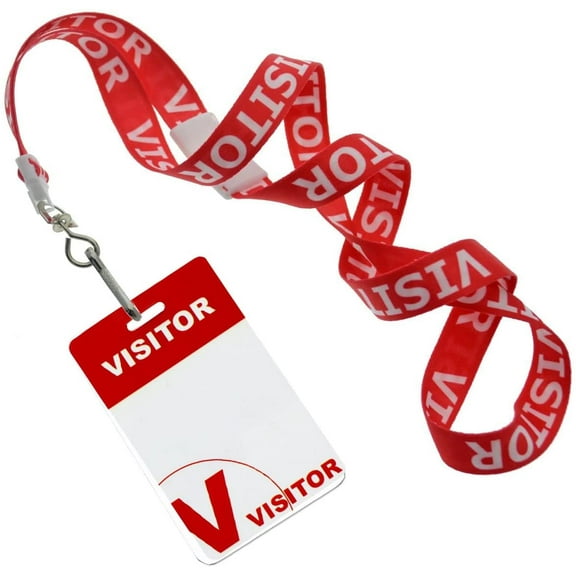 10 Pack - Visitor Badges with Lanyards - Heavy Duty Preprinted Visitor PVC Plastic Badge - Reusable & Dry Erase Writable - Red Breakaway Lanyard w/Swivel Clip - Guest Name Tag Holder - Specialist ID