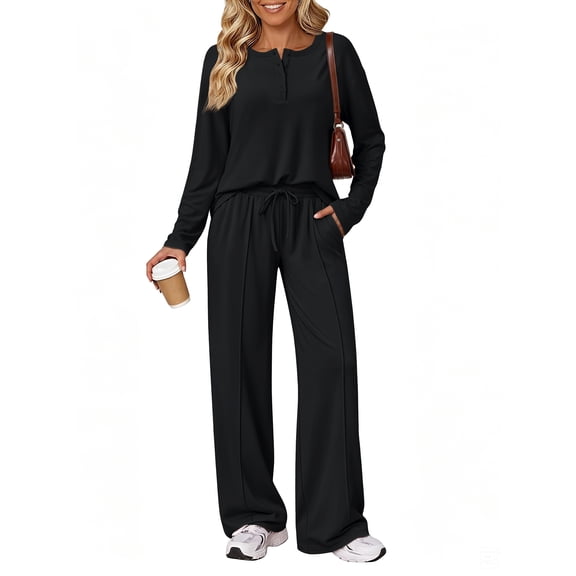 SUNBS Lounge Sets for Women Two Piece Sets Henley Neck Top Wide Leg Pants Vacation Fall Travel Outfits
