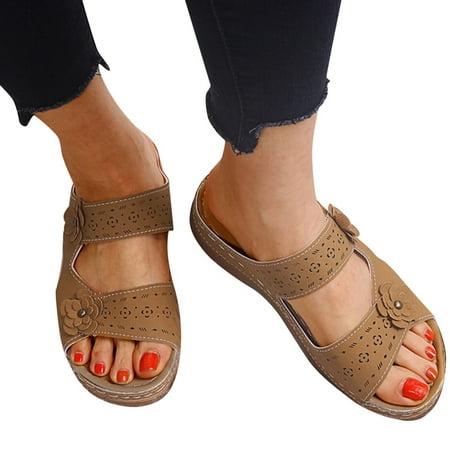 

new home gifts for home Fashion Women Summer Flowers Comfortable Wedges Shoes Beach Peep Toe Breathable Sandals Pu Brown