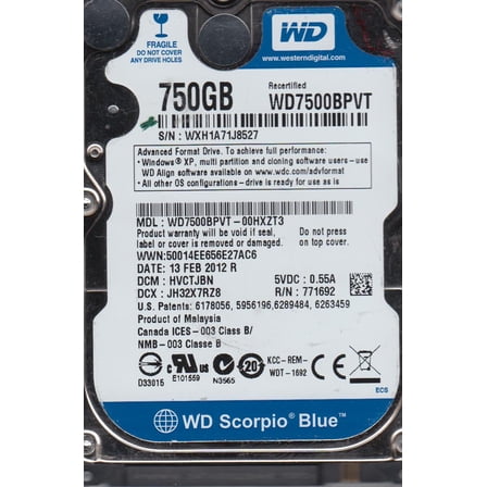 WD7500BPVT-00HXZT3, DCM HVCTJBN, Western Digital 750GB SATA 2.5 Hard Drive