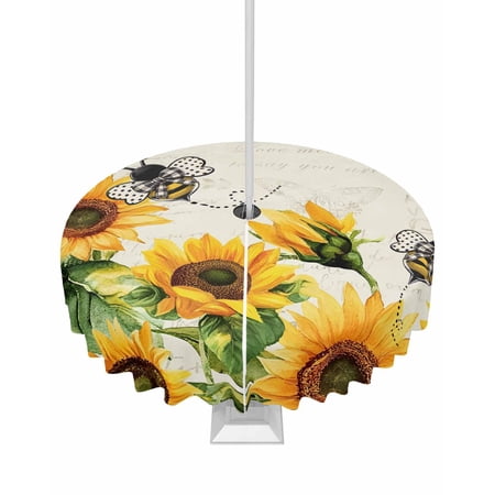 Fsddascl Sunflower Leaves Outdoor Tablecloth - 60 Inch Round Dining Table Cover Bee Spring Retro Farmhouse Waterproof Outdoor Table Cloth with Umbrella Hole & Zipper for Picnic/Patio/Party