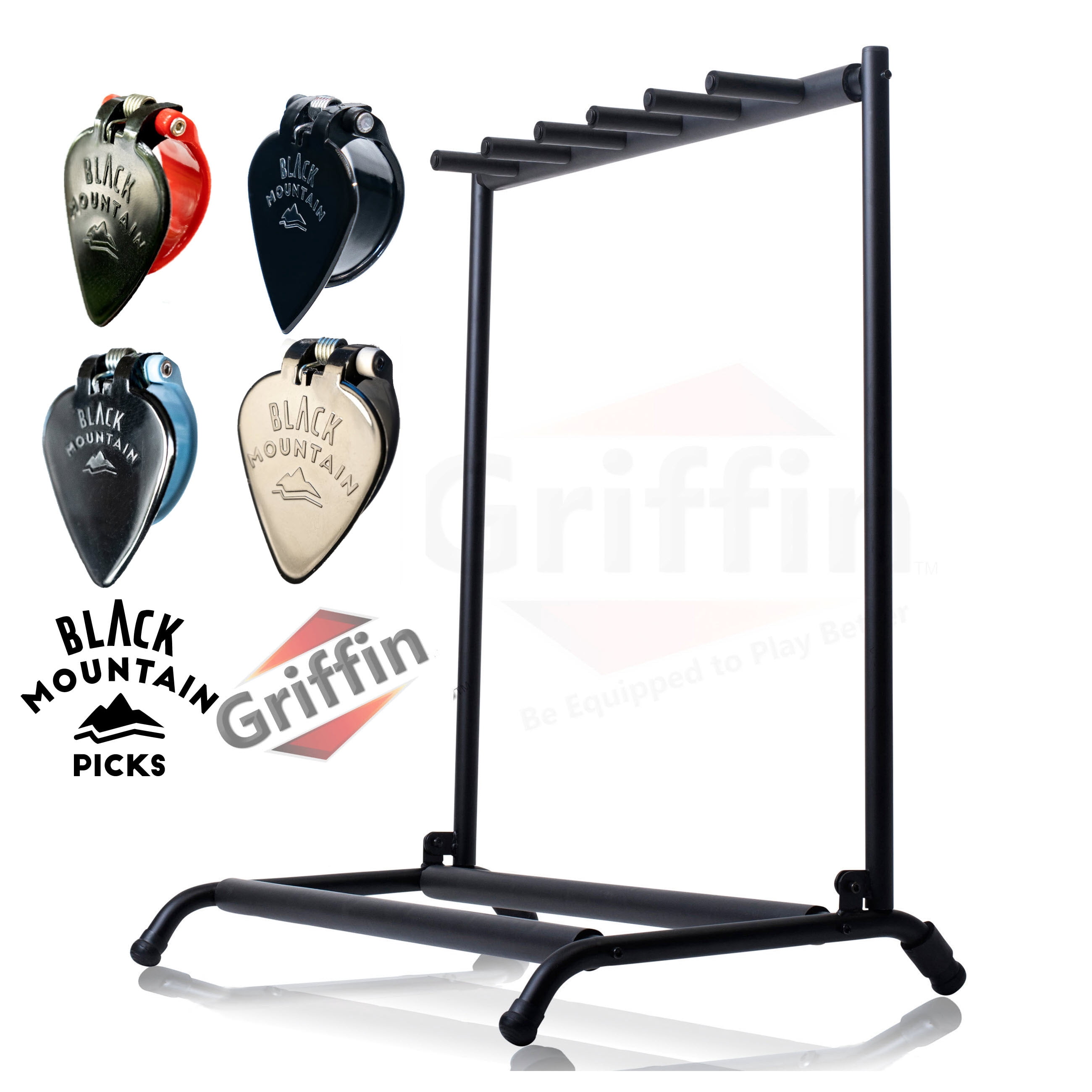 4X BLACK MOUNTAIN Thumb Guitar Picks With Griffin 5 Guitar Rack Stand - BUNDLE