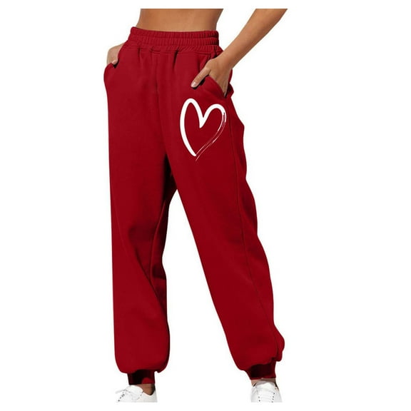 Sakmal Womens Sweatpants Love Valentines Wide Leg Plus Size Joggers Pants Heart Print Red Casual with Pockets Joggers for Women L