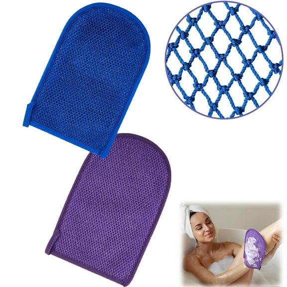 African Scrubber Exfoliating Glove 2 Pcs Net Sponge Exfoliating Mitt Gloves for Bath Body Deep Cleaning Dead Skin Removal Sponge Exfoliator Scrubber Gloves Rich Lather for All Skins (Blue Purple)