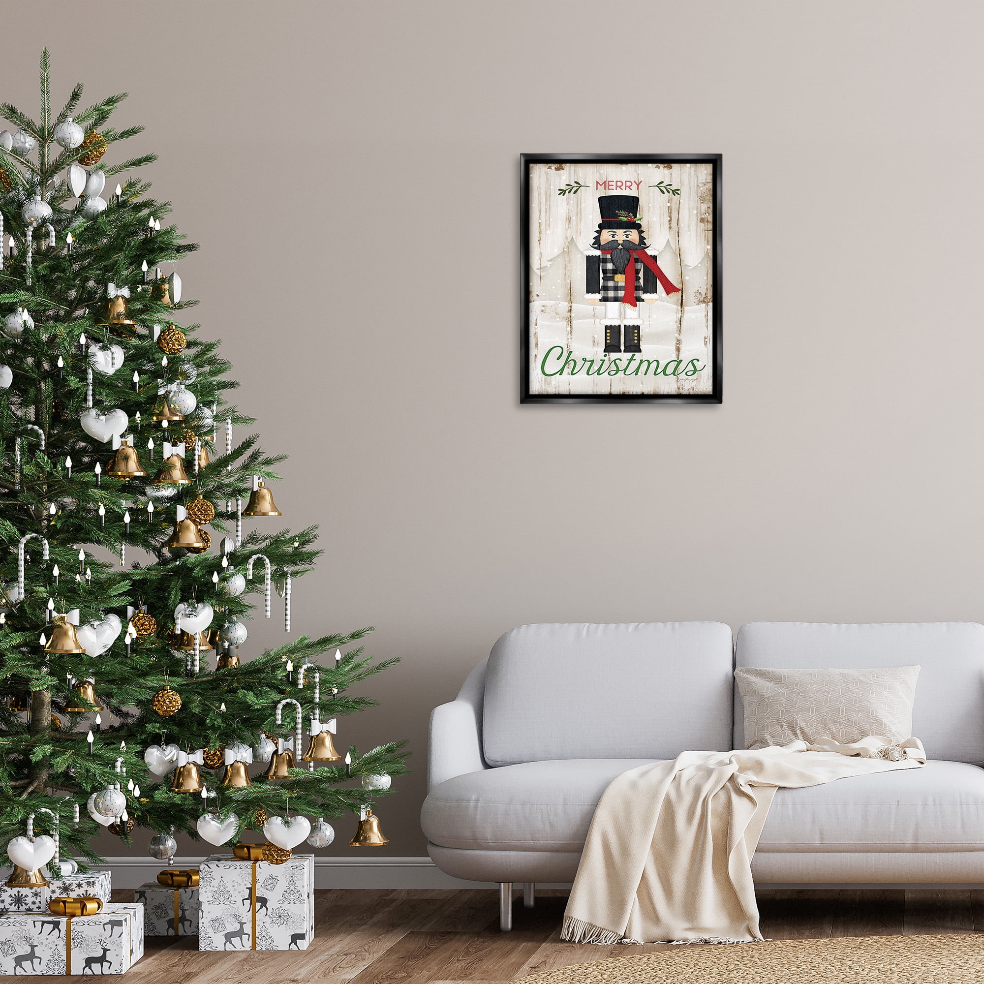 Stupell Industries Merry Christmas Winter Nutcracker Holiday Painting Black Floater Framed Canvas Art Print Wall Art, 25 x 31