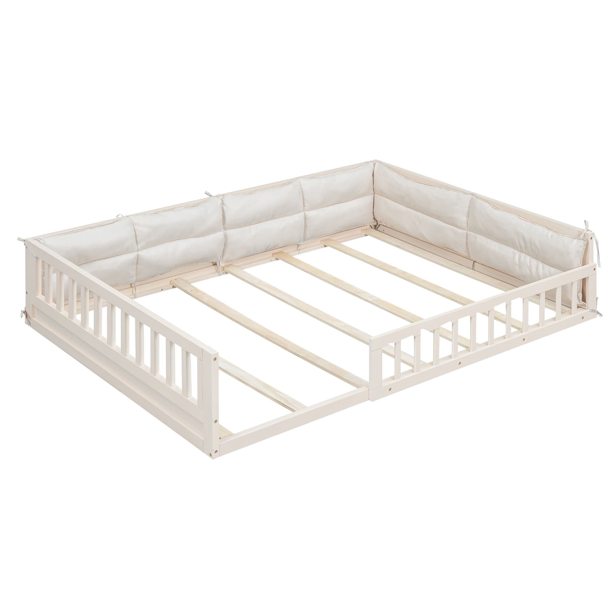 Euroco Upholstered Full Size Platfrom Bed, Floor Bed with Pillow, Beige