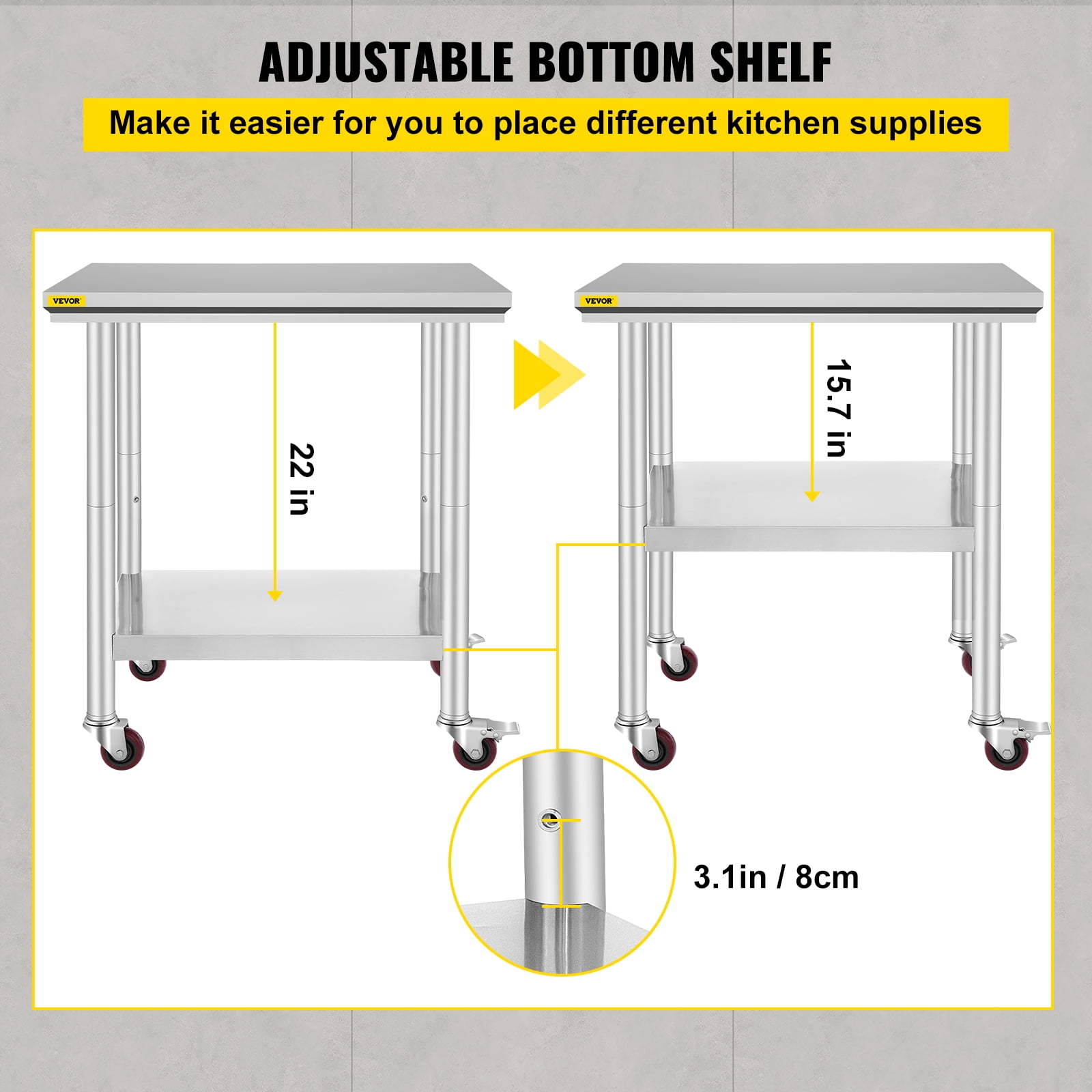 VEVORbrand Stainless Steel Work Table with Wheels 24 x 30 x 32 inch Prep Table with casters Heavy Duty Work Table for Commercial Kitchen Restaurant Business