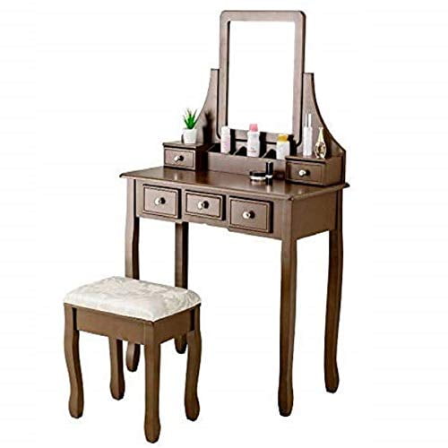 Makeup Vanity Table Set Dressing Table W Square Mirror Women Girls Vanity Set With Cushioned Stool 5 Drawers 3 Removable Dividers Bedroom Makeup Table Brown Walmart Com Walmart Com