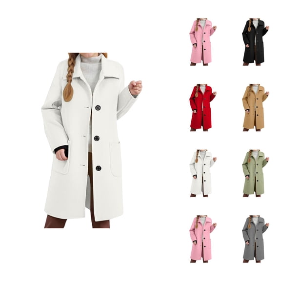 Classic Trench Coat for Girls â Long Wool-Blend Outerwear with Lapel Collar, Single- Closure, Functional Pockets, Timeless Style for School & Casual Wear