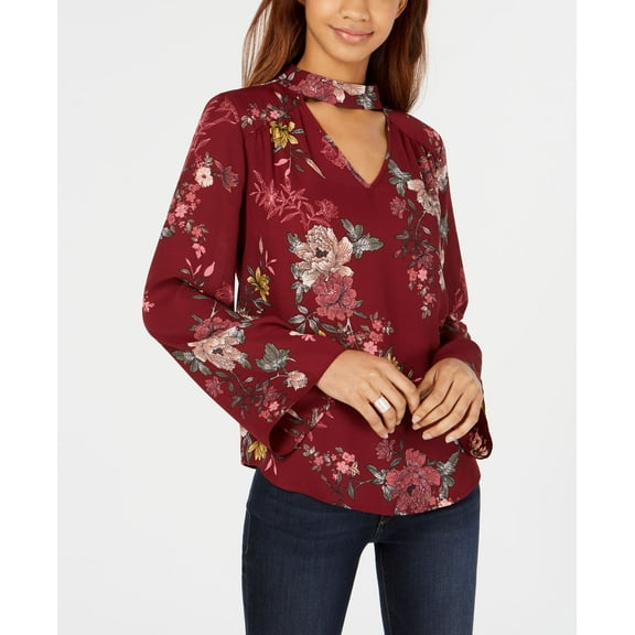 Hippie Rose Juniors' Floral Printed Choker Blouse (Burgundy Floral, XL)