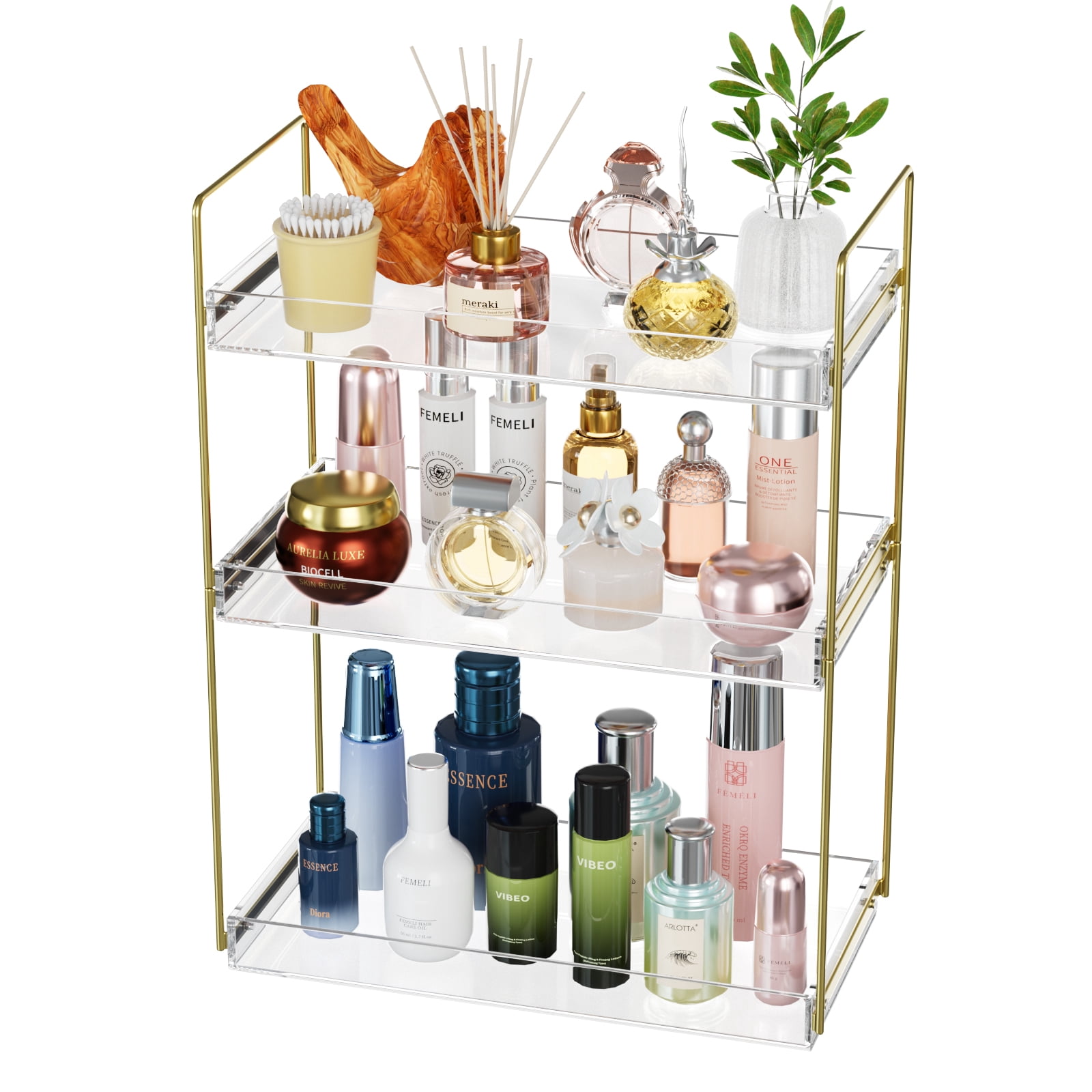 NIUBEE 3-Tier Acrylic Bathroom Organizer, Chic Easy Assembly Bathroom Sink Shelf, Large Space Storage Holder for Lotions & Makeup, Perfume, Spice, Gold