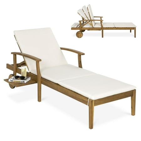 Indoor Chaise Lounge Furniture Best Choice Products 79x30-inch Acacia Wood Chaise Lounge Chair Recliner, Outdoor Furniture for Patio, Poolside w/ Slide-Out Side Table, Foam-Padded Cushion, Adjustable Backrest, Wheels, Brown ()