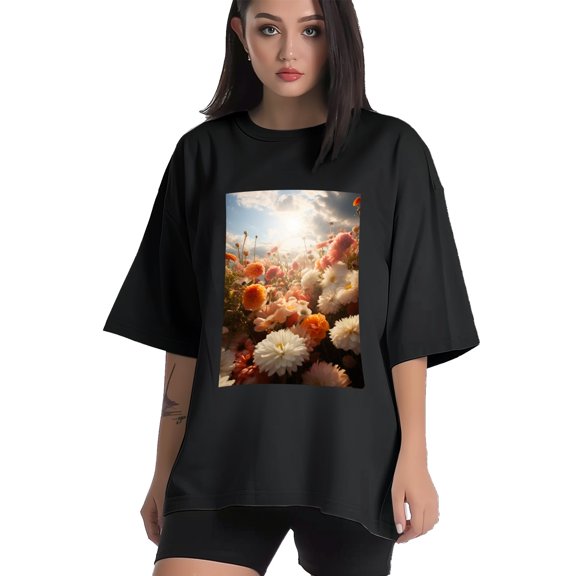 Plus Size Shirt for Women Black Tops for Women Short Sleeves Shirt for Women Flowers T Shirt Crewneck Shirt for Women XS
