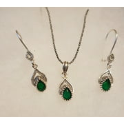 Fine Silver & Emerald Necklace and Earrings Jewelry Set for Women on Genuine 925 Sterling Silver