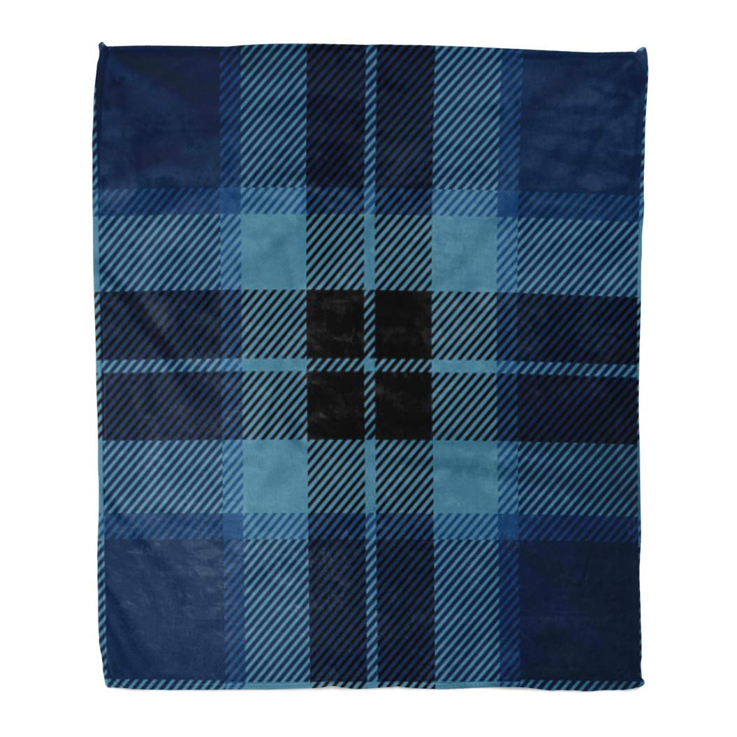 ASHLEIGH Flannel Throw Blanket Clan Black Abstract Blue Tartan Plaid