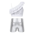 thumbnail image 2 of Doomiva Kids Girls Sequin Ruffle Crop Top with Shorts Set Sport Workout Gymnastics Dance Outfit Tracksuit Silver 6, 2 of 7