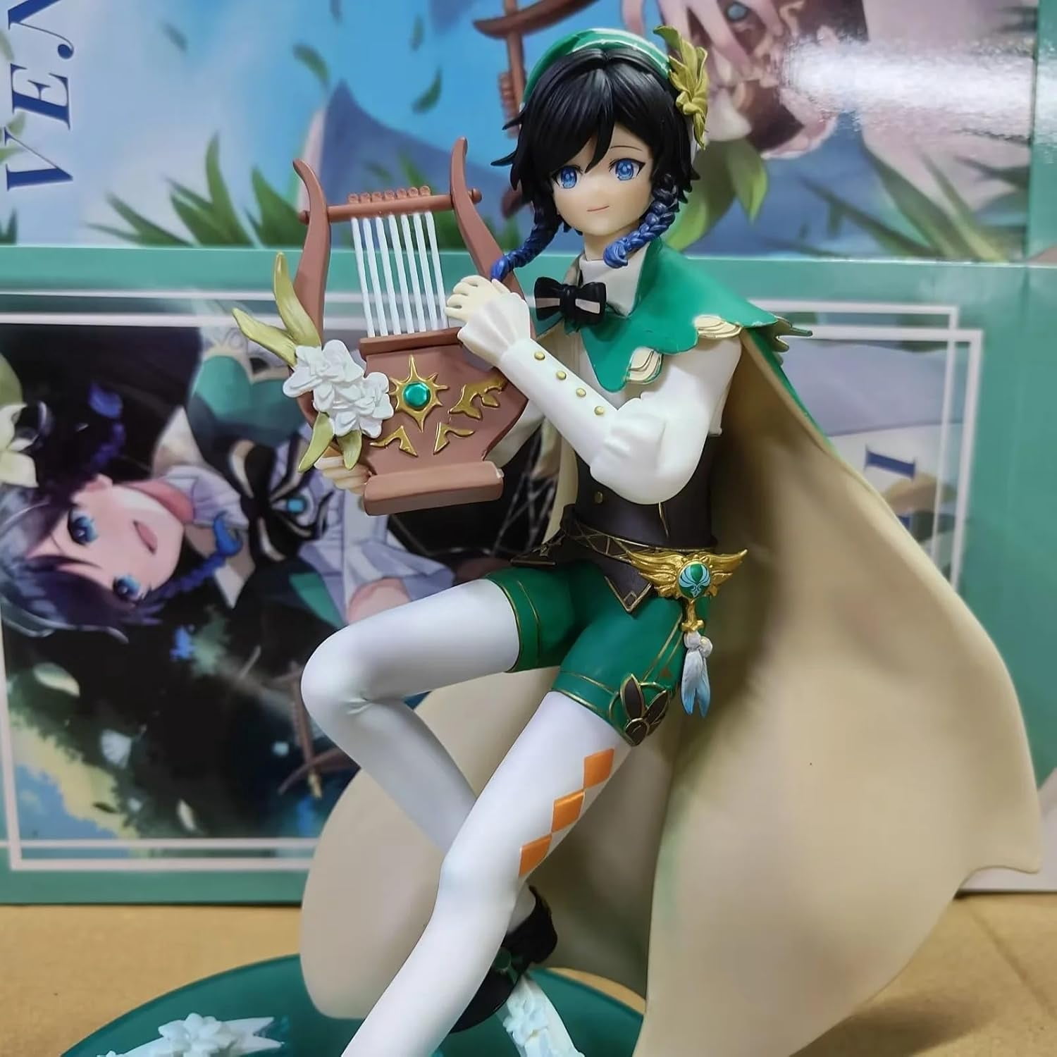 Venti Figure Sitting Harp Venti Replacement Face Action Figures 24cm/9.4inch PVC Handmade Anime Statue Model Decoration Gifts