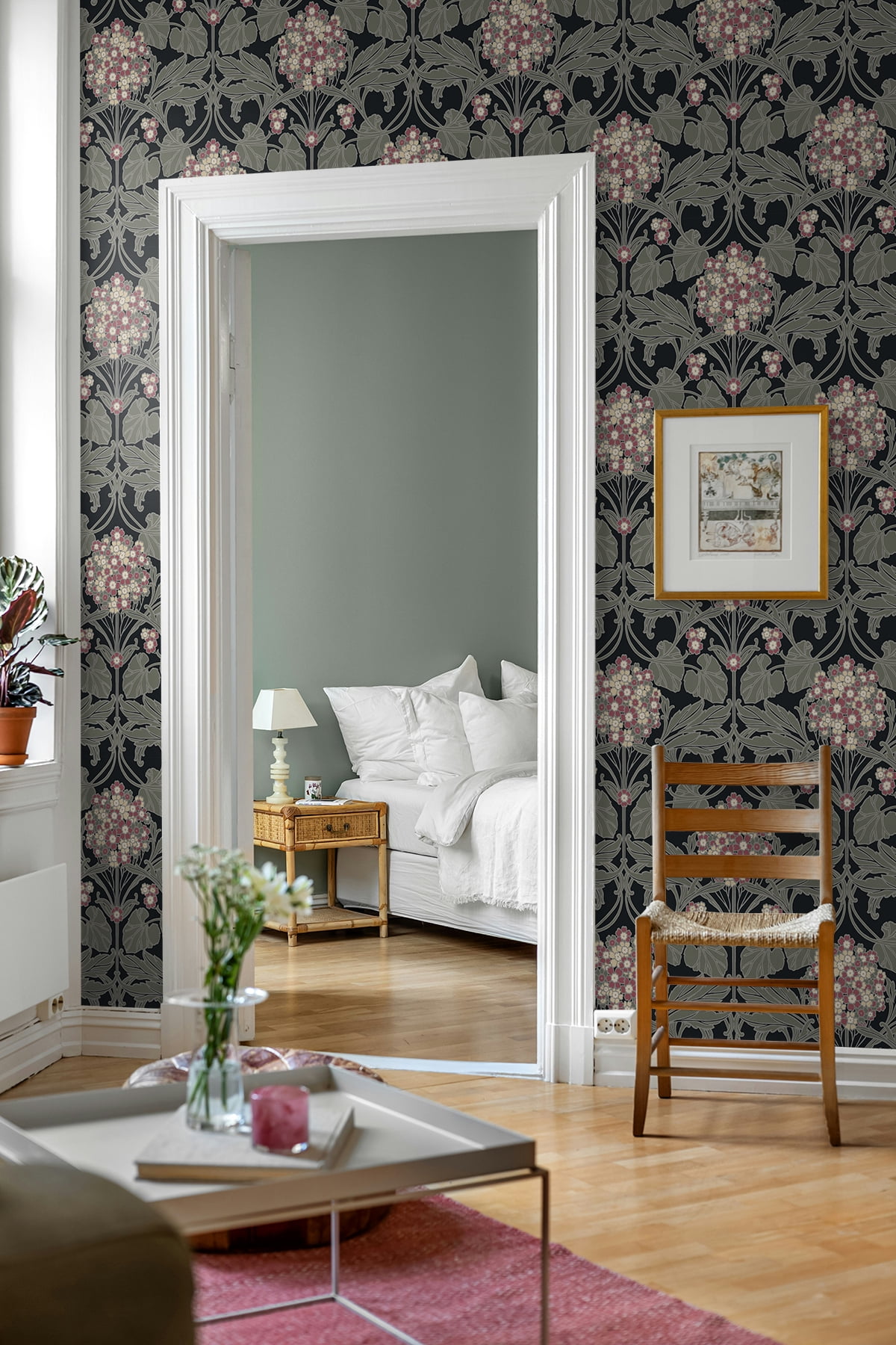 NextWall Black & Rosewood Hydrangea Floral Peel and Stick Wallpaper - 20.9 in. W x 18 ft. L Roll