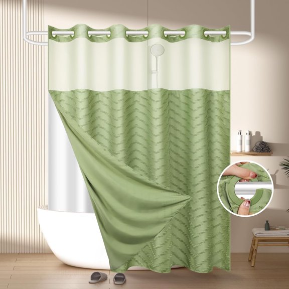 Zrodlmo Tufted Striped No Hook Shower Curtain, Water-Repellent Washable Boho Fabric Bathroom Curtain, 71" x 74", Green
