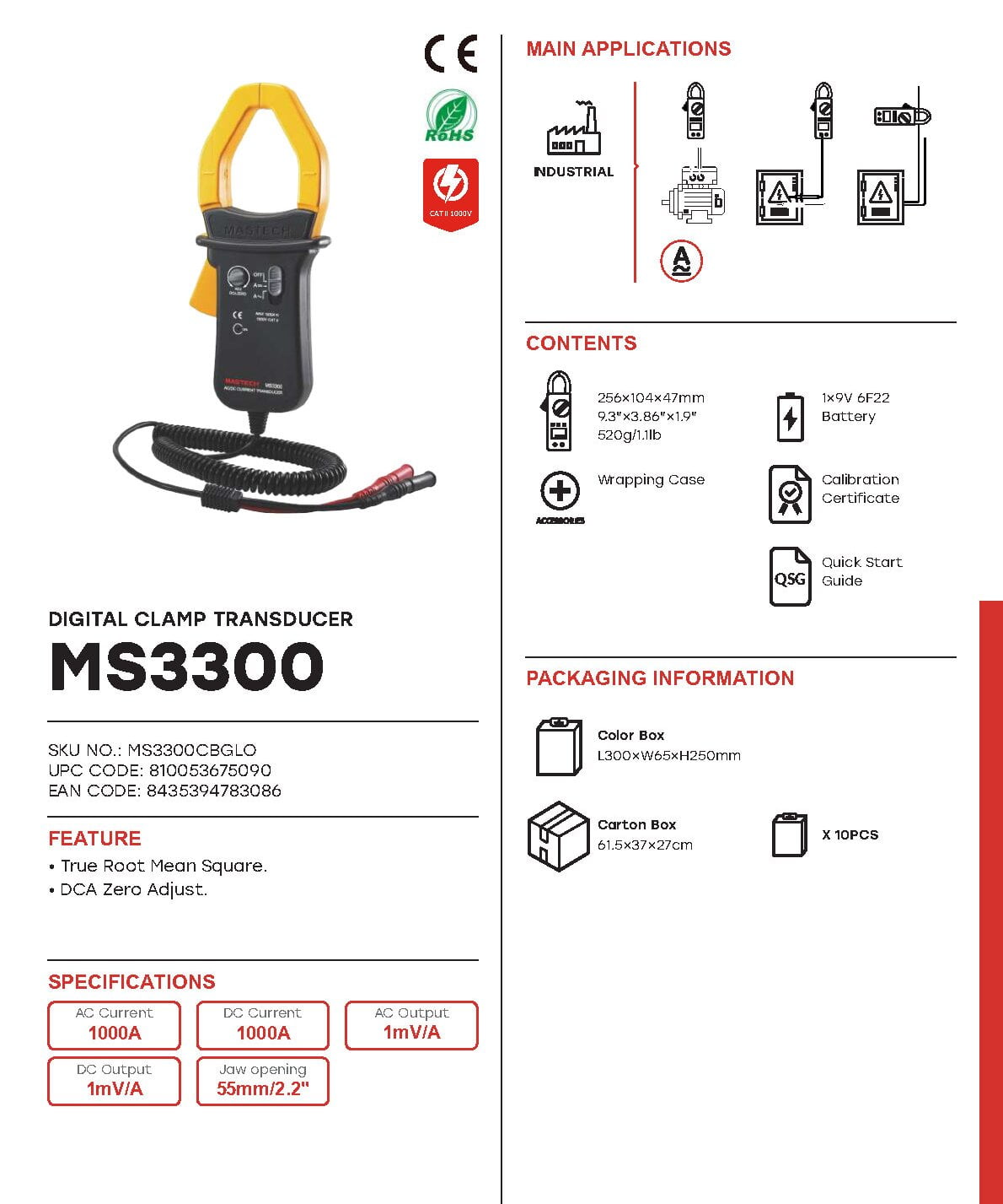 MASTECH MS3300 Clamp Meter Transducer True RMS Digital Multimeter AC Current 0.1A - 400A Clamp Converter(MS3300)