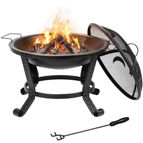ZenSports 22-in Wood Burning Fire Pit with Log Grate, Lid, Poker, Handles, Round Fire Bowl Portable for Outside, Patio, Camping, Party