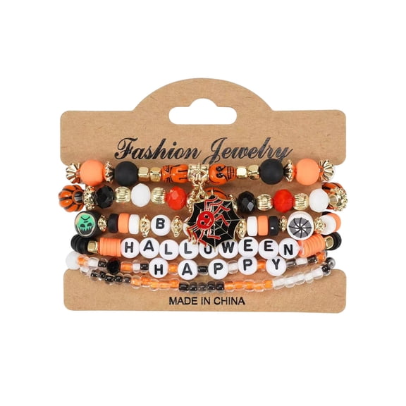 Halloween Stackable Beaded Bracelet Set, Gothic Pumpkin Spider Stretch Jewelry, Layered Spooky Charm Bracelets for Women, Party, Holiday Gift Multicolor5