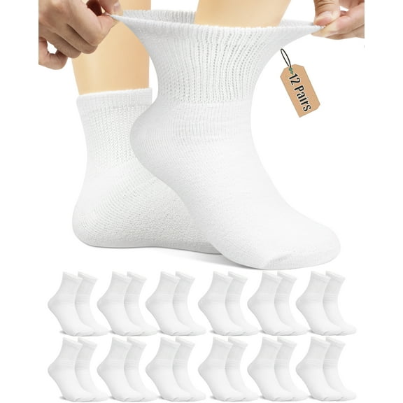 NevEND 12 Pairs Cotton Diabetic Socks Ankle for Men and Women - Non-Binding Extra Wide Neuropathy Socks White Large