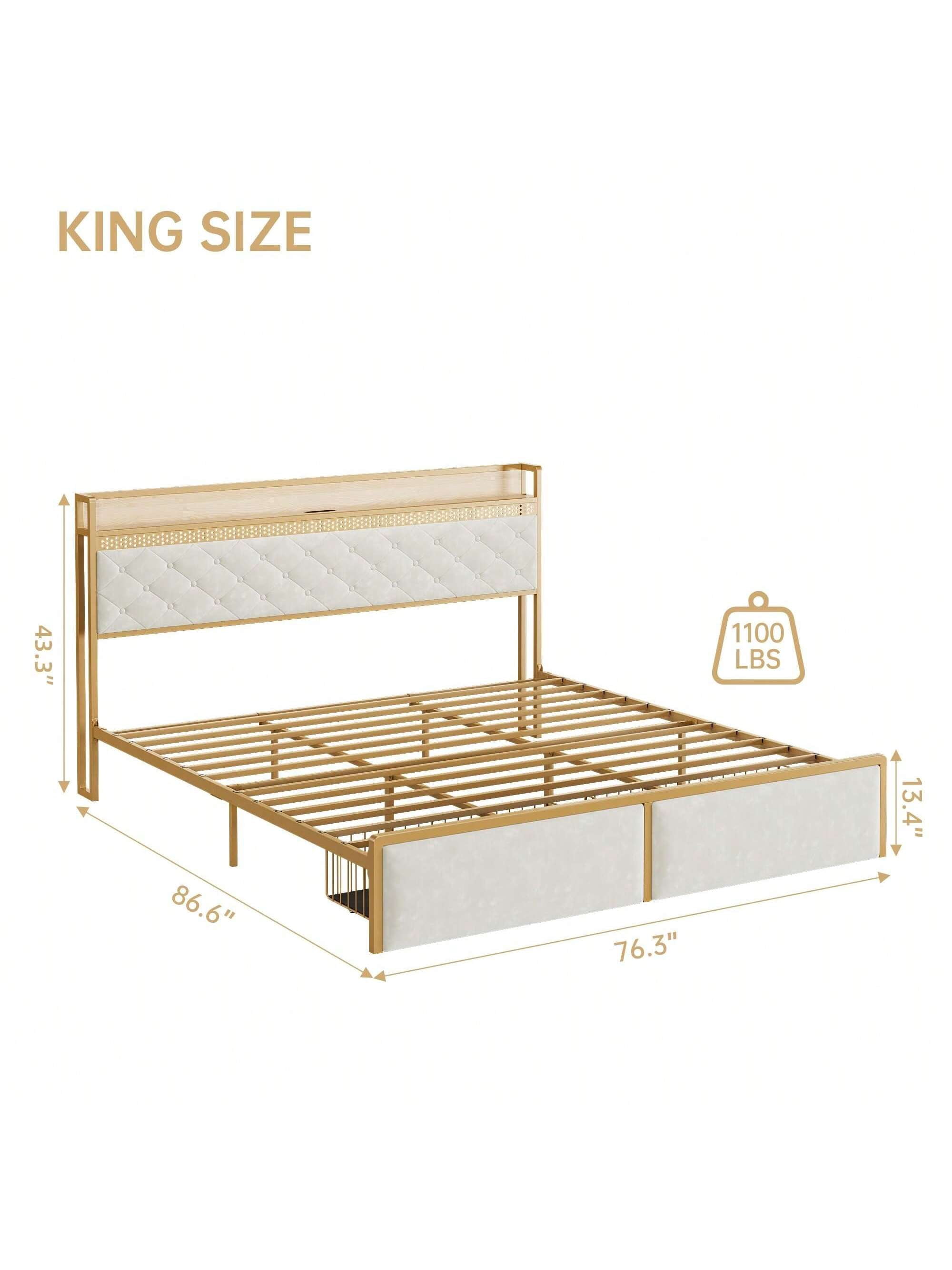 White King size bed King Size Bed Frame, Platform Bed Frame With RGB LED Lights And 2 Storage Drawers Headboard, Upholstered Bed Frame With USB Ports & Outlets And Storage Headboard, Noise Free, Whi