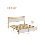 White King size bed King Size Bed Frame, Platform Bed Frame With RGB LED Lights And 2 Storage Drawers Headboard, Upholstered Bed Frame With USB Ports & Outlets And Storage Headboard, Noise Free, Whi