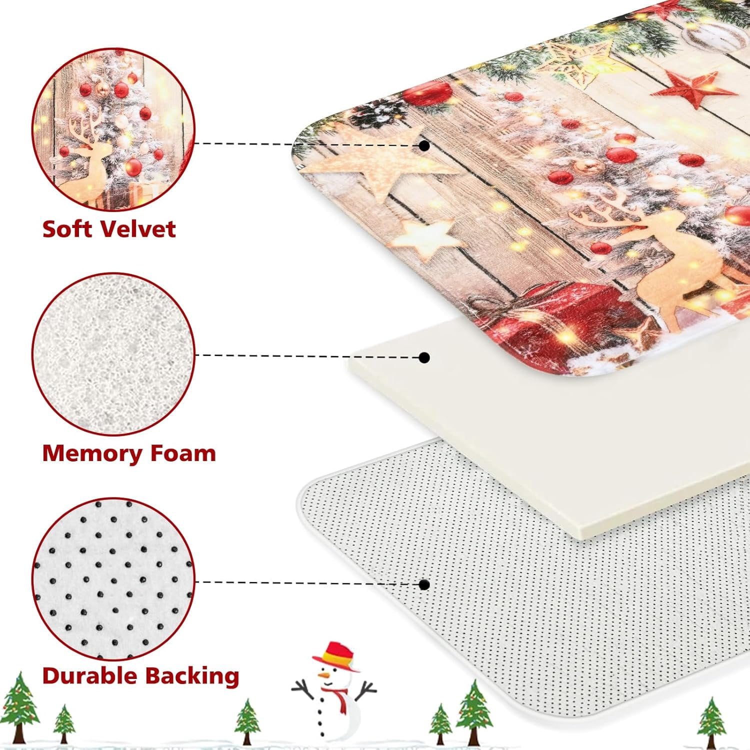 FRAMICS Christmas Snowman Shower Curtain Sets with Rugs, 16 Pc Xmas Tree Wood Barn Door Bathroom Sets, Rustic Winter Waterproof Fabric Bathroom Decor with Hooks