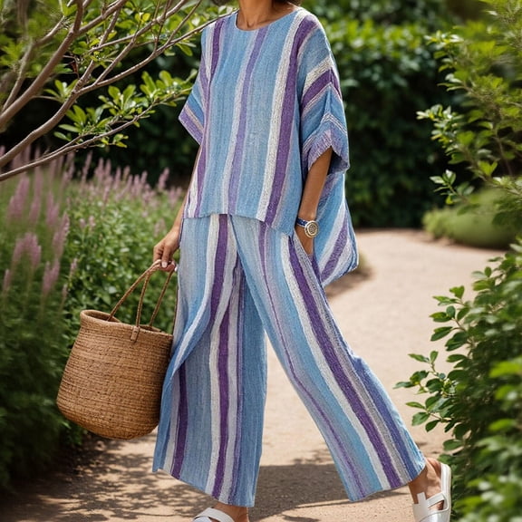 Uootdi Linen Sets for Women 2 Piece Short Sleeve Oversized Striped Trim Top High Waist Flowy Wide Leg Pants Boho Vacation Matching Outfits