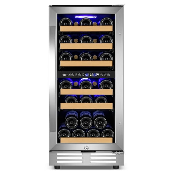 Tittla 15 Inch Wine Refrigerator,Under Counter 30 Bottle Wine Cooler,Dual Zone Fast Cooling, Low Noise