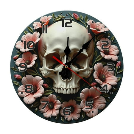 Skull Flowers Skeleton Wall Clock 10 Inch Silent Non Ticking Round Wooden Clock Decoration for Living Room Kitchen Bedroom Bathroom Office Classroom