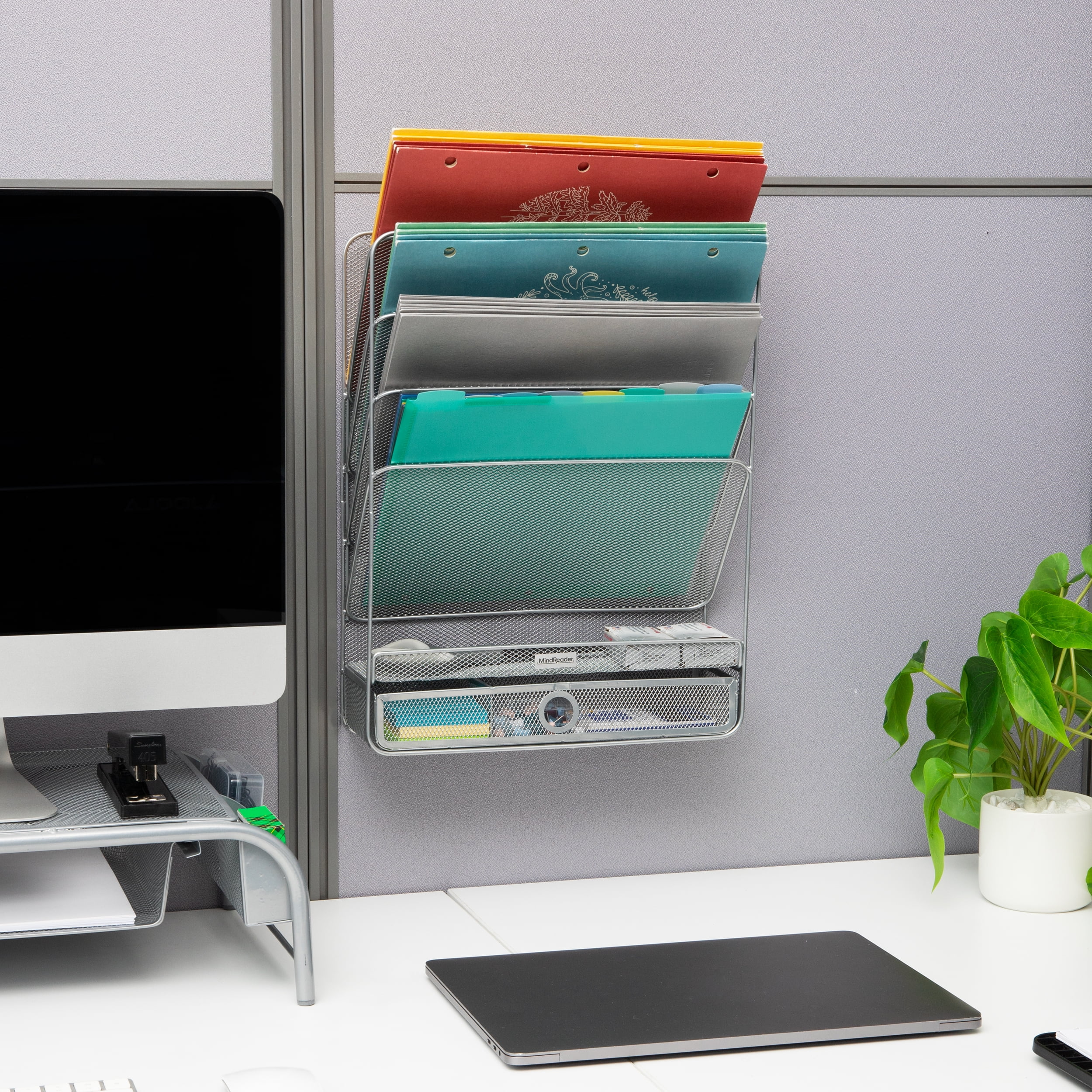 Mind Reader 4-Tier Vertical File Storage, Desktop Organizer, Wall Mount, Office, Metal Mesh, 12.5"L x 4"W x 16.5"H, Silver