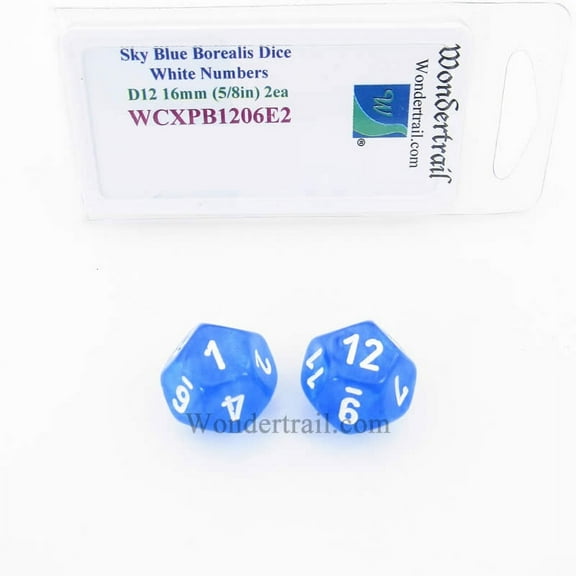 Sky Blue Borealis Dice with White Numbers D12 Aprox 16mm (5/8in) Pack of 2 Wondertrail