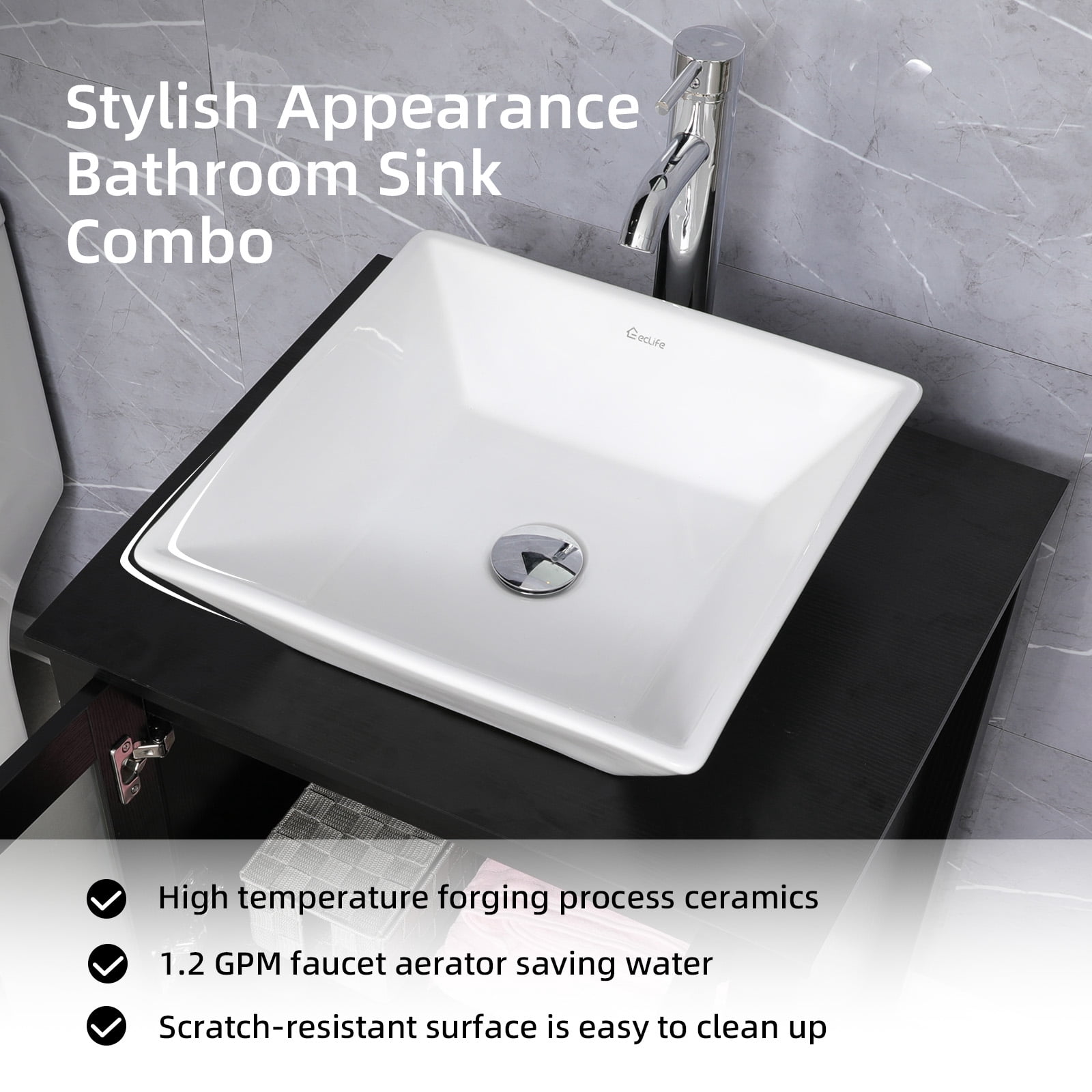 Eclife 24" Black Bathroom Vanity Set with Wood Top, White Ceramic Sink, Water Saving Faucet,Pop up Drain Combo