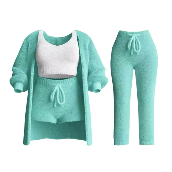 Zkozptok Womens 4 Piece Outfit, 2pc Short Tank and Shorts, 2pc Long Hooded Cardigan Coat and Pants Sets Loungewear