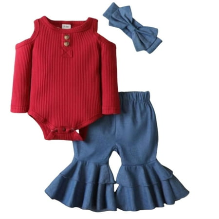 

ZRBYWB Girl Clothes Set Road Shoulder Harness Long Sleeve Top Flared Pants Hairband Daily Three Sets Baby Clothes
