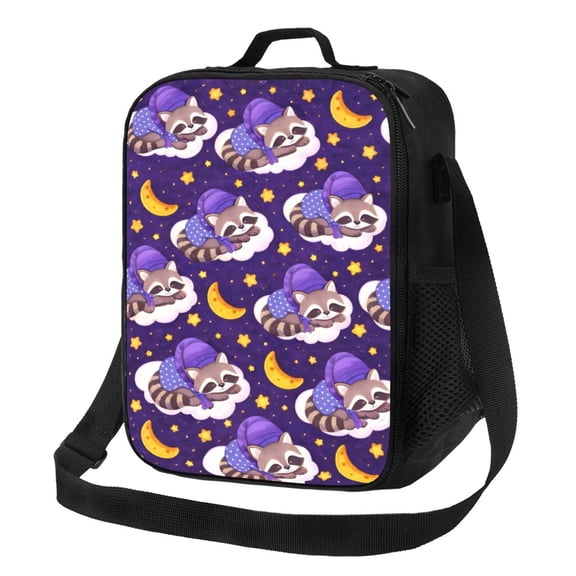 Whimsical Raccoon Lunch Bag Insulated Thermal Box with Shoulder Strap & Handle for Work and Picnic