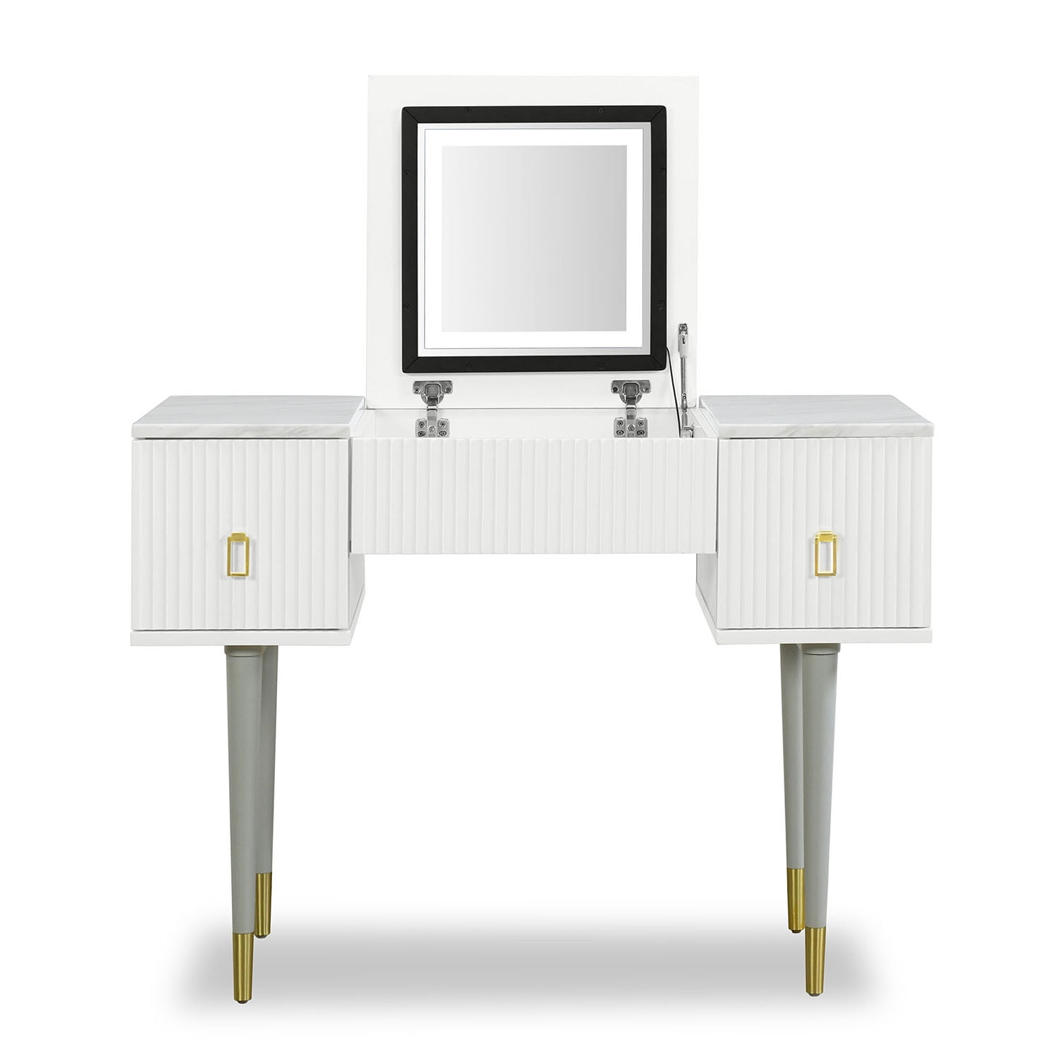 Resenkos 43.3" Modern Vanity Table Set with Flip-top Mirror and LED Light, Dressing Table with Customizable Storage, White and Gray