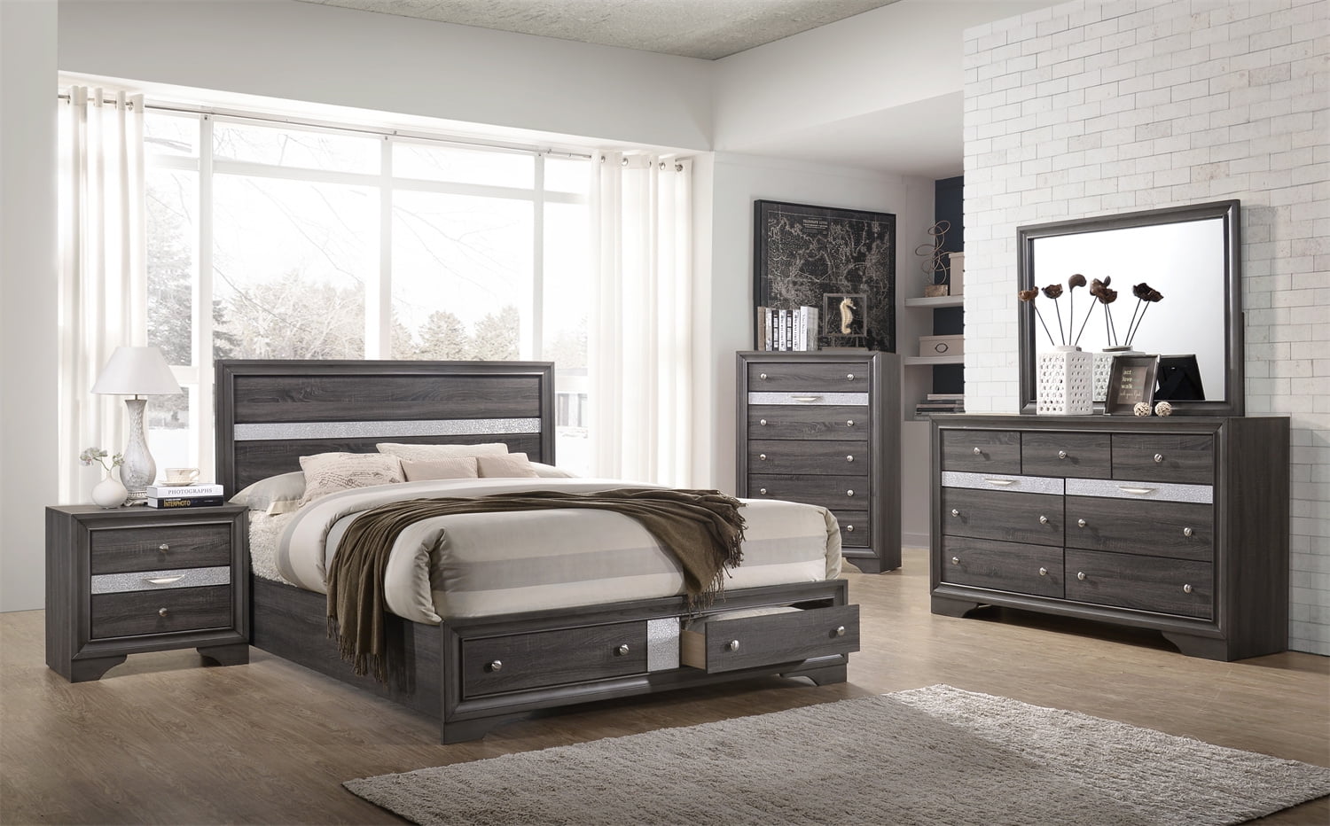 5 Piece King Size Bedroom Set, Solid Wood Bedroom Furniture Set with ...