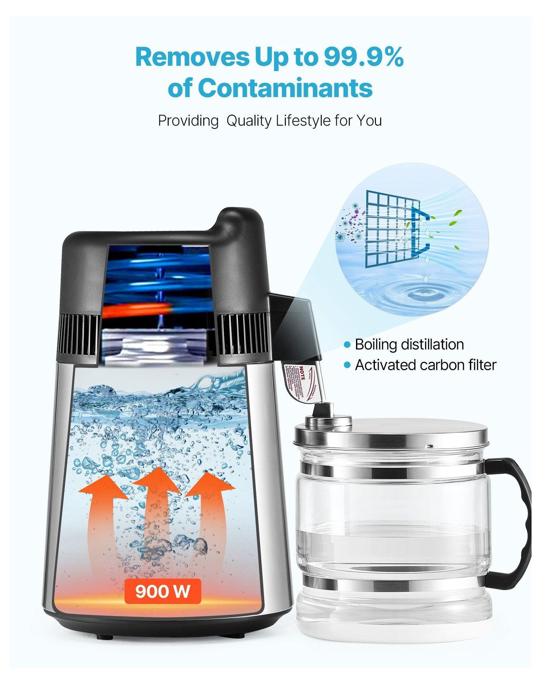 6L Water Distiller Home Countertop Purifier Machine 900W Stainless Steel Glass