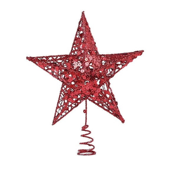 Red Wrought Iron Christmas Tree Star Topper, Glittering Holiday Treetop Ornament for Home Decoration, 15cm