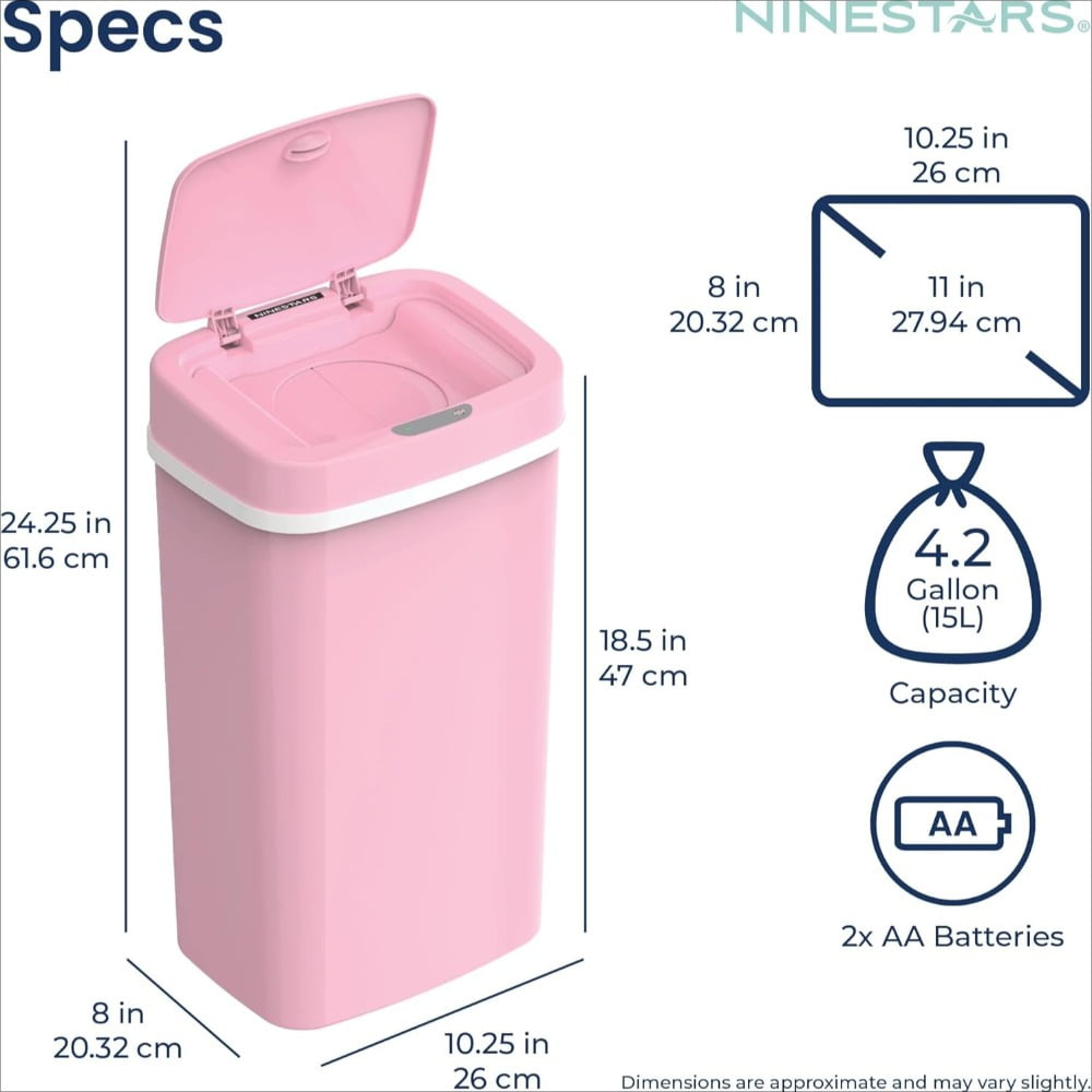 NPT-16-1 Automatic Touchless Motion Sensor Diaper Disposal Trash Can with lid, 4.2 gallon/16 L, Pink, Plastic