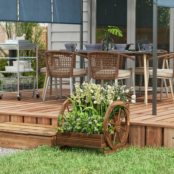 Outsunny 3 Box Raised Garden Planter, Indoor Outdoor Decorative Wagon Wheel Wooden Planter, Double Garden Bed with Drainage Holes, 25" x 24" x 23"